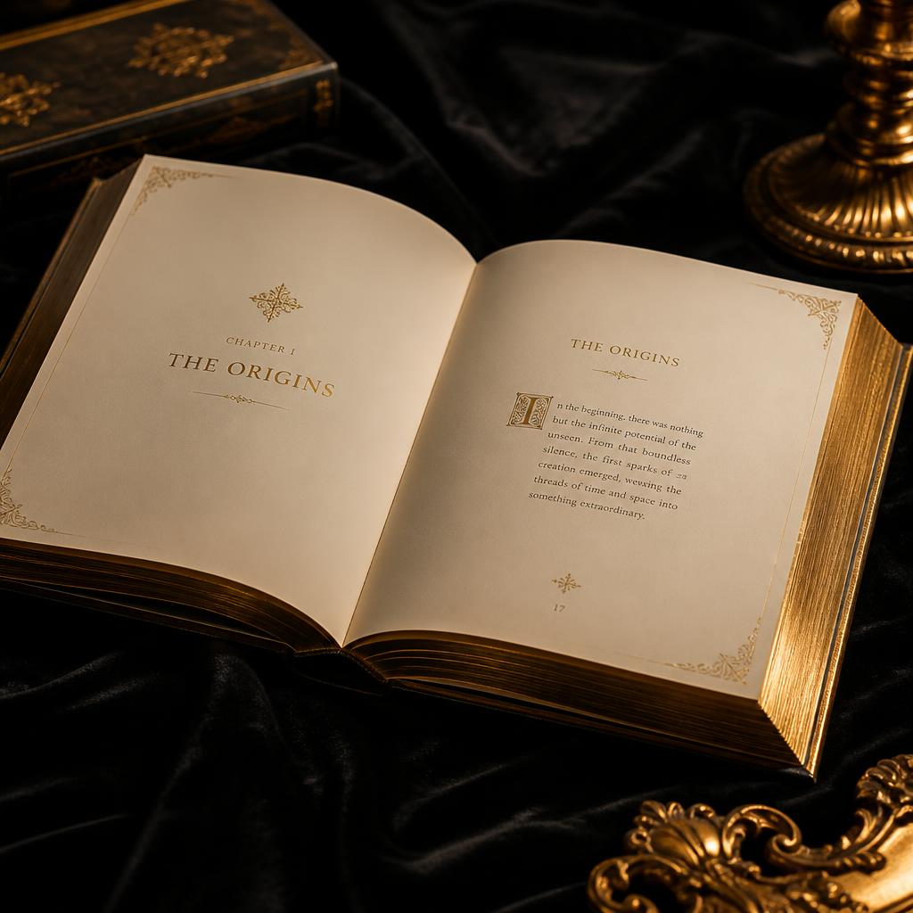 Open published book with gold-embossed pages representing intellectual property